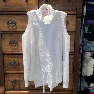 Cold Shoulder White Fuzzy MockNeck Sweater Size Medium
